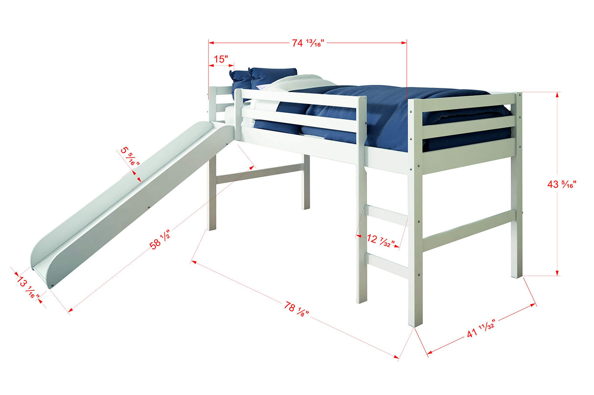 Donco Kids Low Loft Bed with Slide and Pink Tent, Twin, White Donco Kids