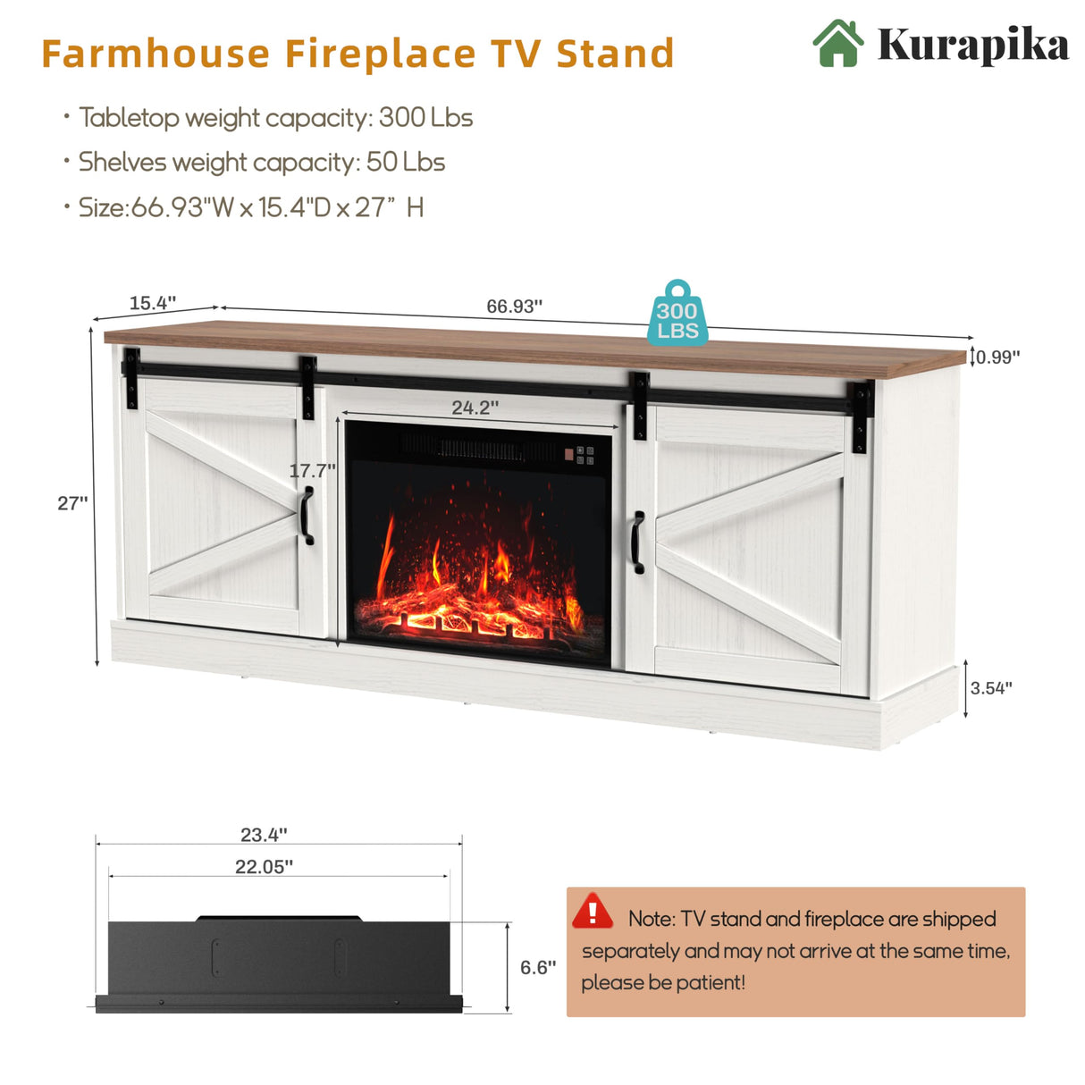 Kurapika Fireplace TV Stand for up to 75" TV, Farmhouse Entertainment Center with 24" Fireplace, 67" Media Console Cabinets for Living Room w/Storage Shelves, Remote Control, White Kurapika
