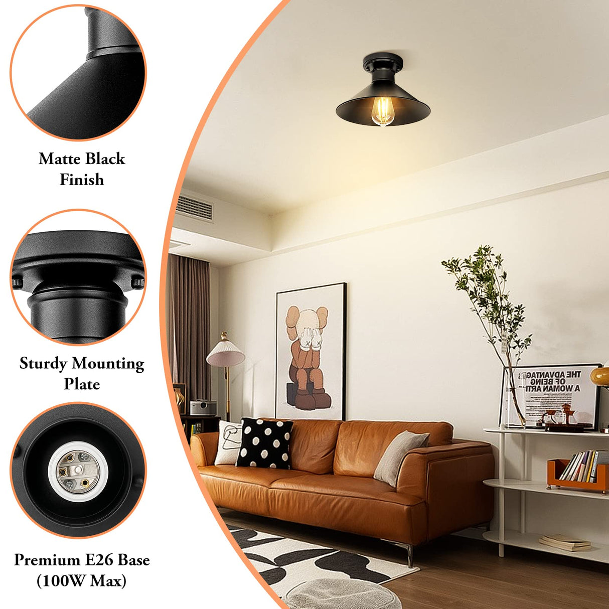 Brightever 2-Pack Industrial Semi Flush Mount Ceiling Lights, Matte Black Farmhouse Light Fixtures, Close to Ceiling Lights for Kitchen, Laundry Room, Entryway, Hallway E26 Base, Bulb not Included Brightever