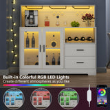 Auromie Wine Bar Cabinet with LED Light, Home Coffee Cabinet with Wine and Glass Rack, Kitchen Buffet Sideboard with Storage Cabinet&Drawers, Modern Liquor Cabinet for Living Room Dining Room (White) Auromie