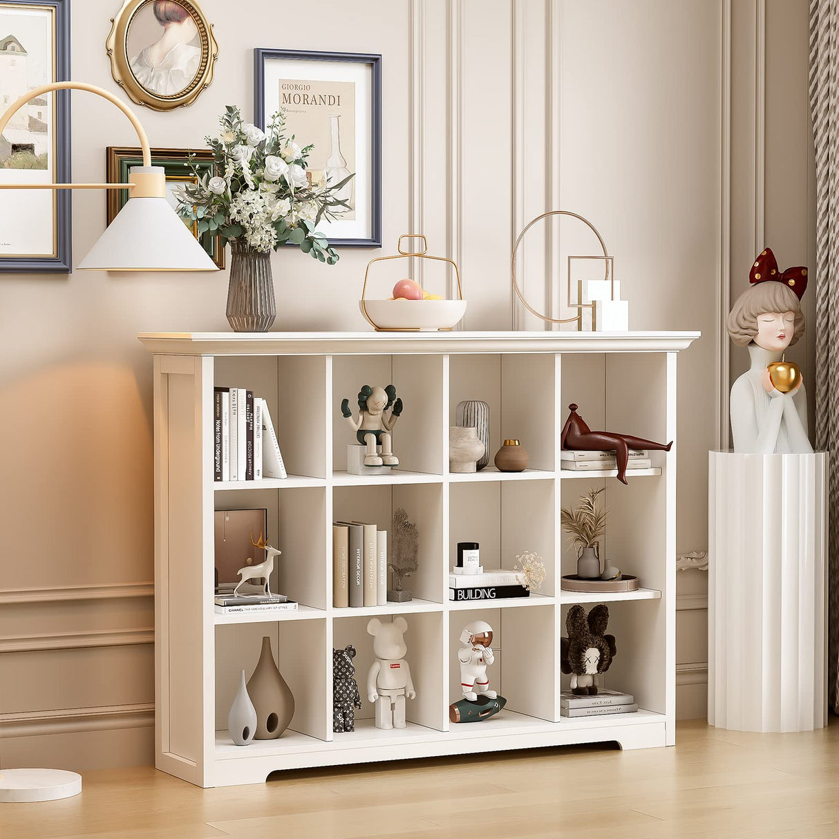 OSCHF Wooden Cube Bookcase with Base - Modern 3 Tiers Floor Standing Open Shelf Cabinet for Home and Office, 12-Cube Lattice Bookshelf, Warm White OSCHF