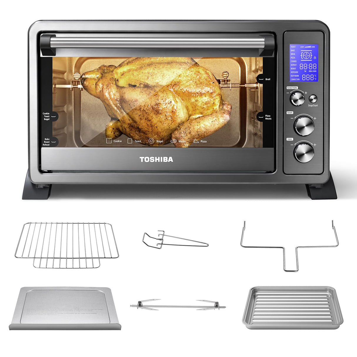 TOSHIBA AC25CEW-BS Large 6-Slice Convection Toaster Oven Countertop, 10-In-One with Toast, Pizza and Rotisserie, 1500W, Black Stainless Steel, Includes 6 Accessories TOSHIBA