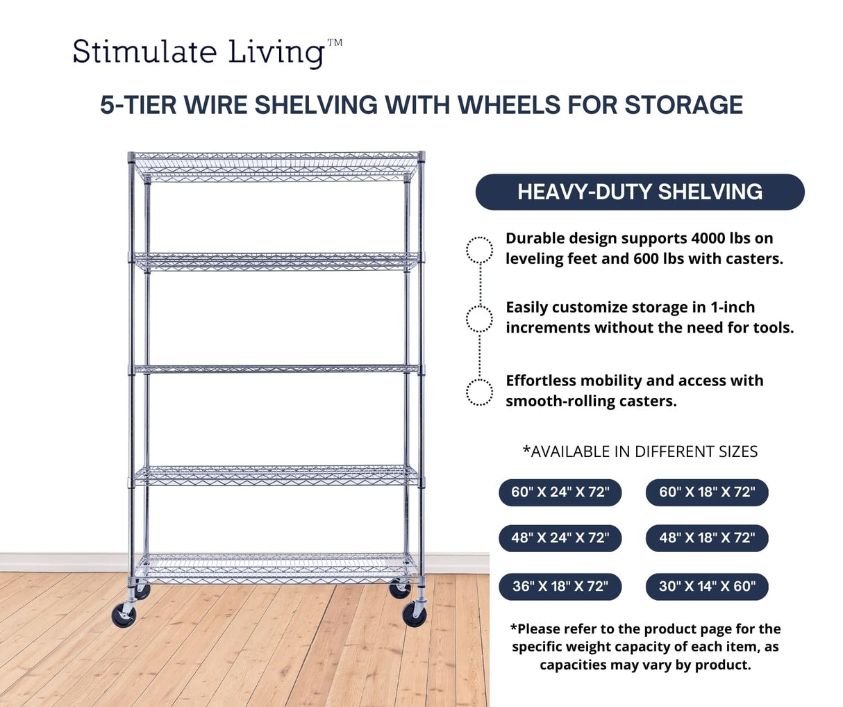 48"x18"x72" PRIME HEAVY DUTY Chrome 5-Tier Wire Shelving NSF 4000 LBS MAX Capacity Storage Rack for Commercial, School, Home, Garage, Warehouse, Industrial, and Hospital Uses (with Wheels) Stimulate Living