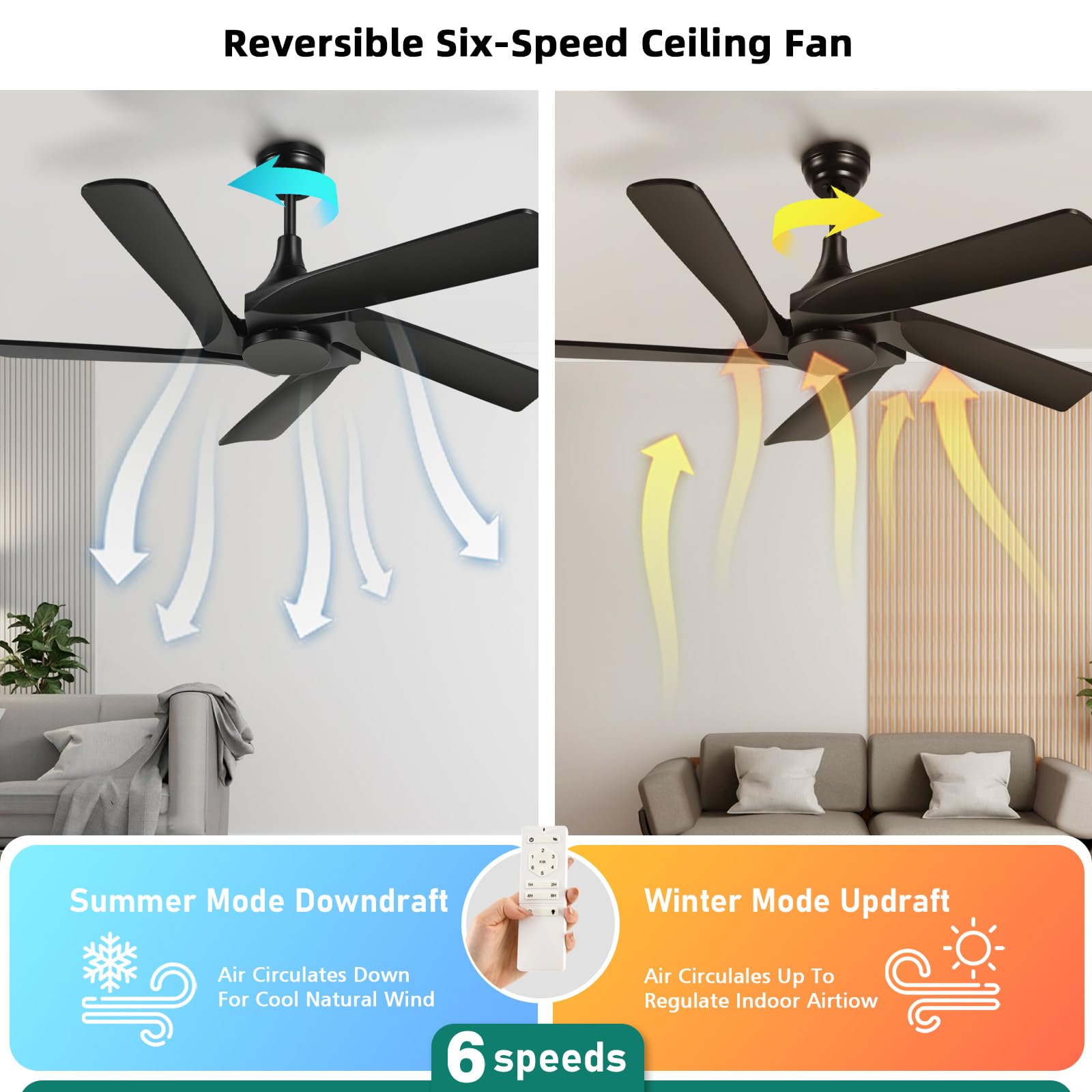 YITAHOME 52 Inch Black Ceiling Fan without Light, Solid Wood Blades Modern Ceiling Fan with Remote, Ceiling Fans with Reversible DC Motor For Indoor Outdoor, Memory Function - WoodArtSupply