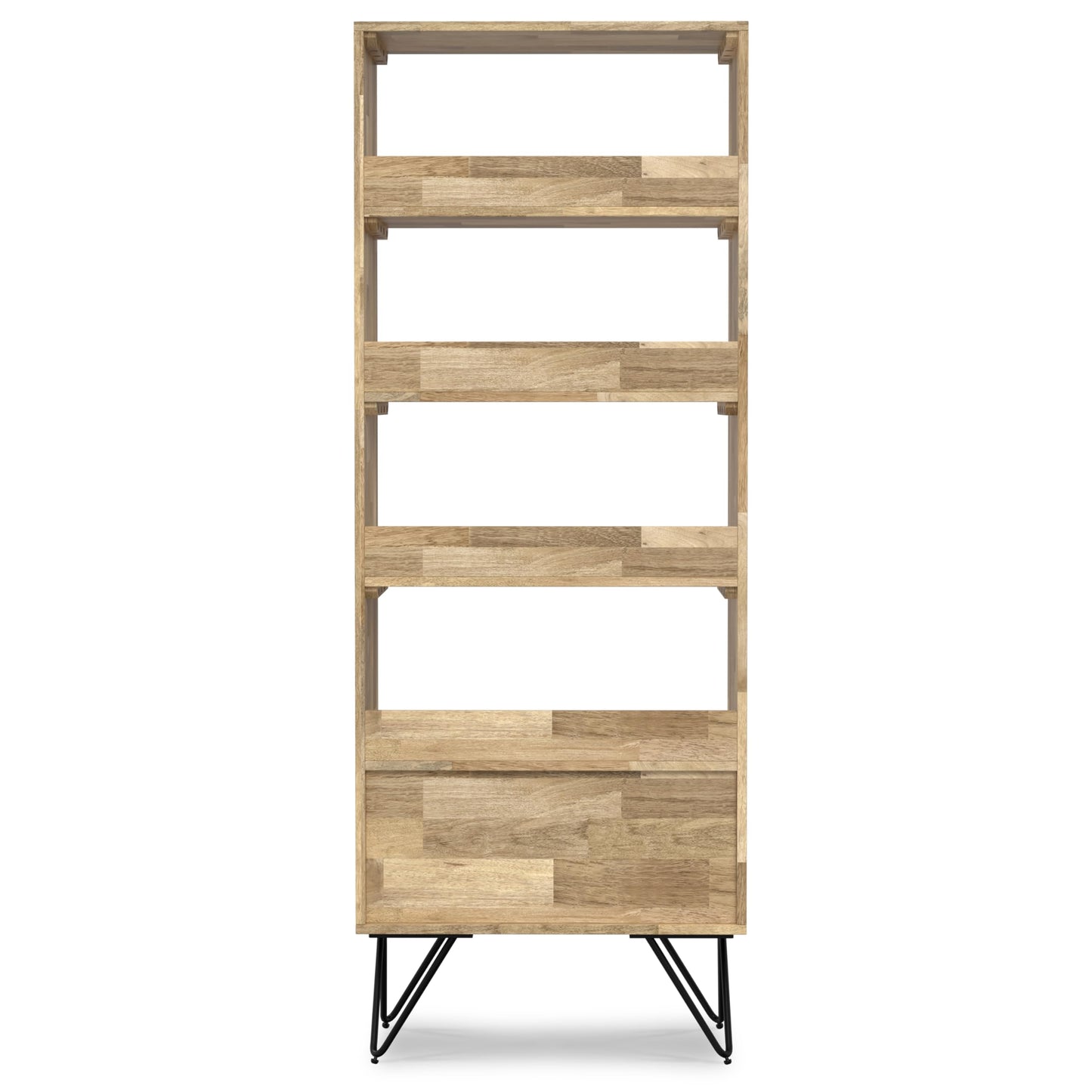 SIMPLIHOME Hunter Solid Mango Wood and Metal 64 inch x 24 inch Rectangle Modern Industrial Tall Bookcase in Natural for The Living Room, Study Room and Office - WoodArtSupply