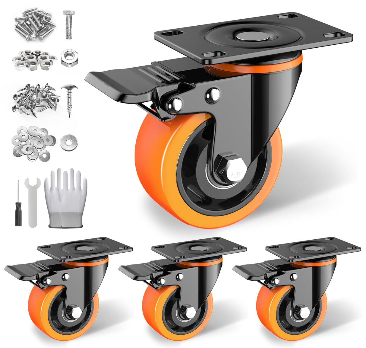3 inch Casters Wheels, Heavy Duty Casters Set of 4, No Noise Industrial Casters Load 1600lbs with Brake, Swivel Industrial Plate Casters, Wheels for Cart Furniture(2 Hardware Kits & Gloves) LUTUMEI