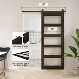 BARNSMITH 30in x 84in Glass Barn Door with 5FT Sliding Door Hardware Kit Included & Handle,5-Panel Frosted Glass Solid Wood Slab with Water-Proof PVC Surface,Pre-Drilled Easy Assembly,Brown BARNSMITH