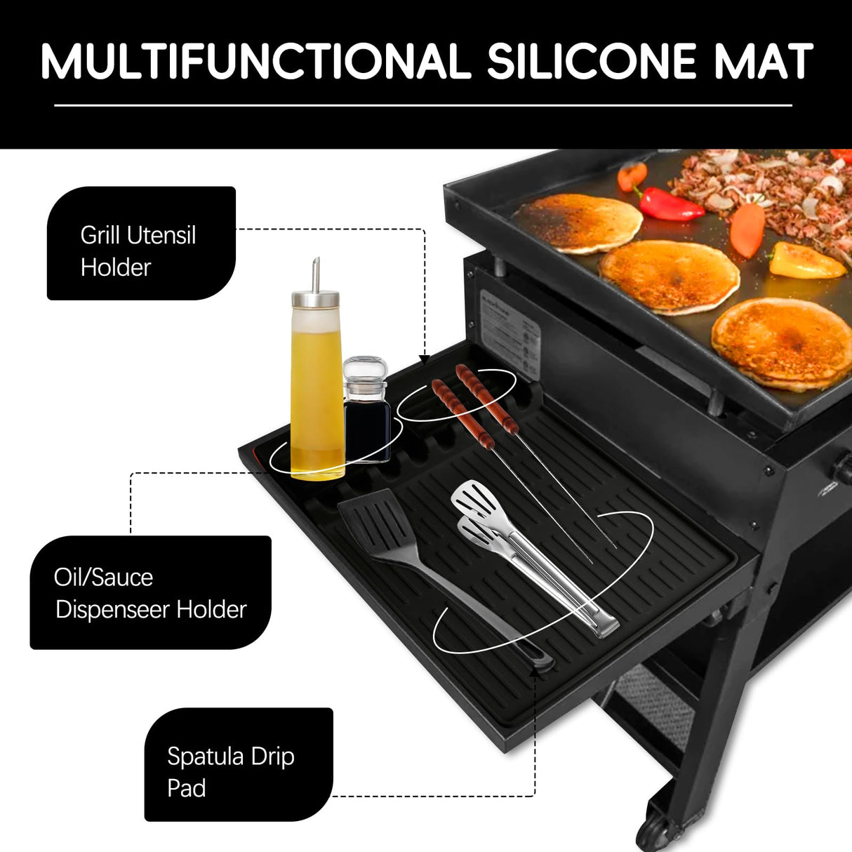 LittlesJoy Silicone Grill Barbeque Mat Fit for Blackstone,Large Spatula Tools Mat with Drip Pad, Silicone Griddle Mat for Outdoor Cooking, Kitchen Counter(Dark Grey) LittlesJoy