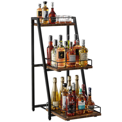 Nuovoware 3-Tier Stepped Liquor Cabinet Mini Bar, Wine Rack Freestanding Floor for Whiskey, Corner Liquor Bottle Display Shelf with Fences and Slide Drawer for Home Kitchen Dining Living Room, Black