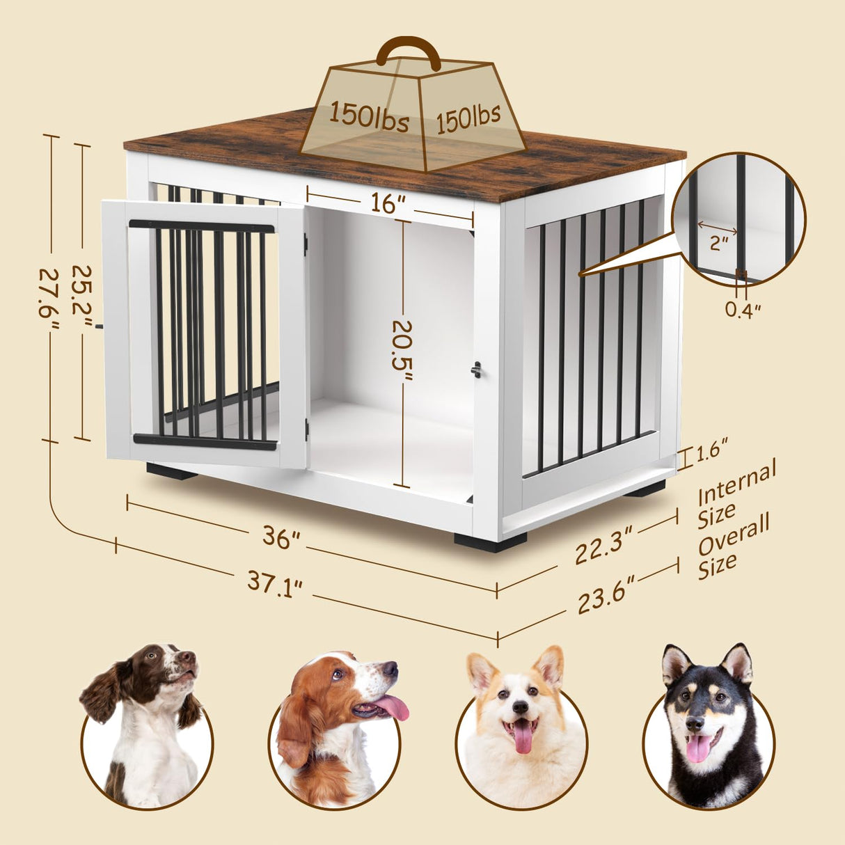 Zakkart White Dog Crate Furniture for Large Dogs Up to 60 lbs. - Decorative Puppy Kennel w/Wide Farmhouse Table Top & Steel Bars - 37'' Wide - Modern Dog Crate Table, End Table, Nightstand Zakkart