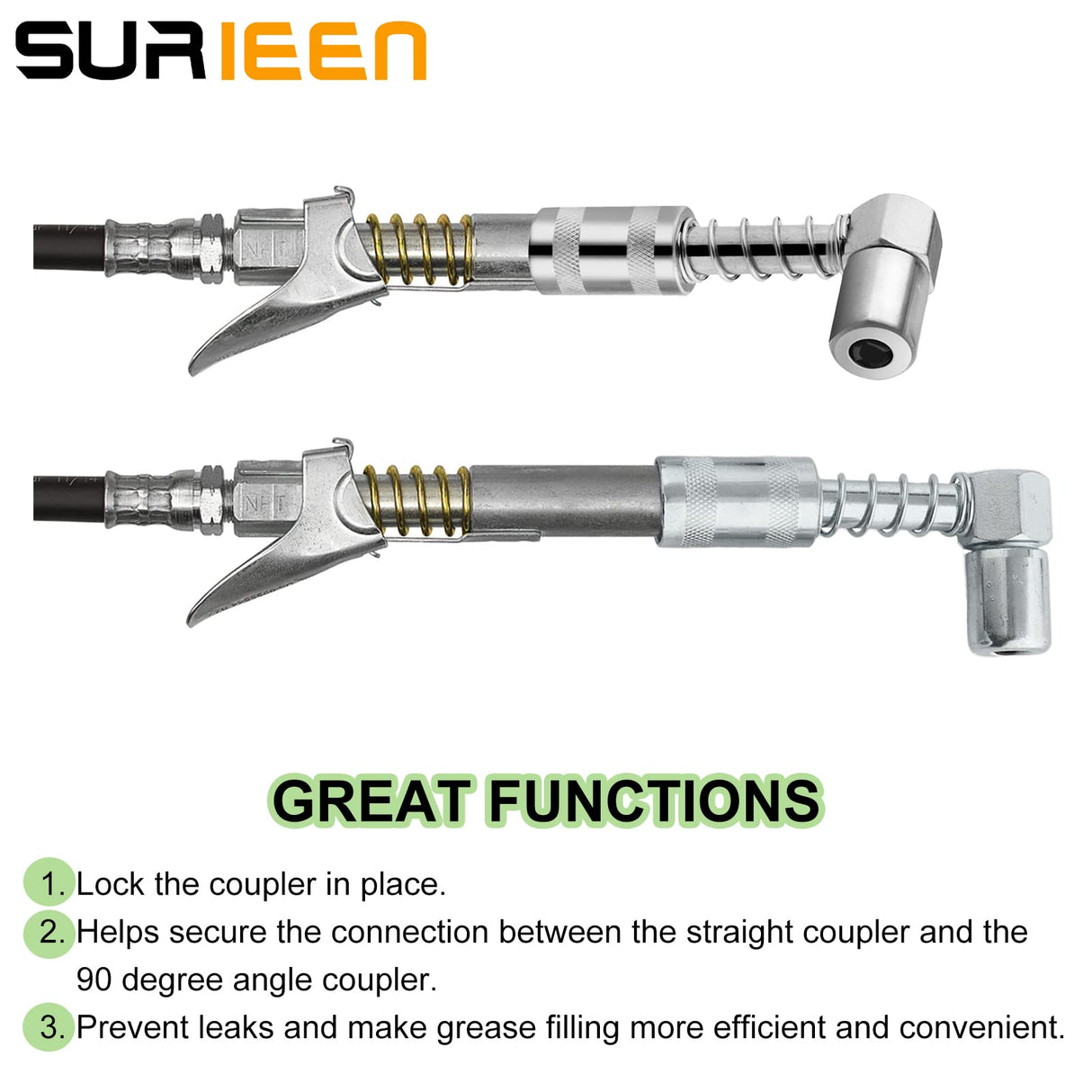SURIEEN 90 Degree Grease Coupler Adapter with Sleeves, 3 Jaw Angle Grease Fitting Tool, 90 Degree Grease Gun Coupler Snaps onto Grease Fittings in Tight Spaces for Auto, Farm, Truck - 4 Pieces SURIEEN