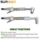 SURIEEN 90 Degree Grease Coupler Adapter with Sleeves, 3 Jaw Angle Grease Fitting Tool, 90 Degree Grease Gun Coupler Snaps onto Grease Fittings in Tight Spaces for Auto, Farm, Truck - 4 Pieces SURIEEN
