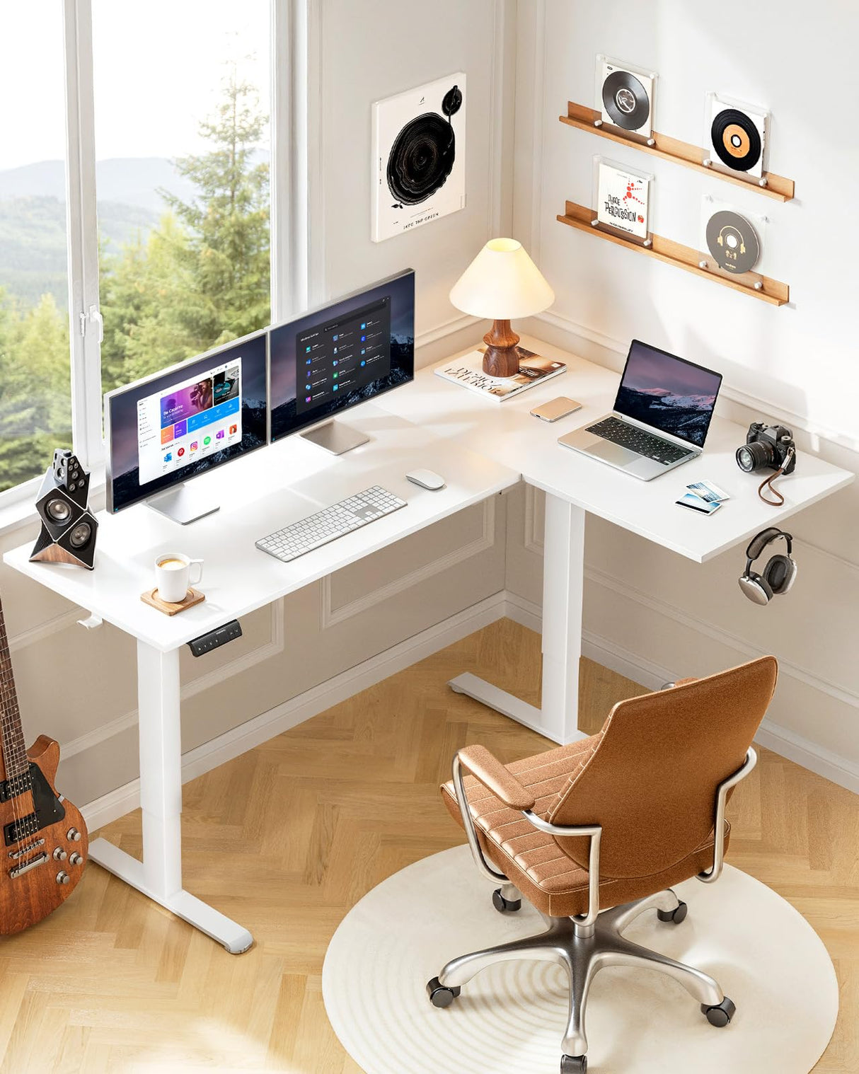 HUANUO L-Shaped Standing Desk, 71 x 48 inch Dual Motor Corner Standing Desk, Electric Height Adjustable Computer Desk with Cable Tray & 3 Preset Heights, Raising Desk for Home Office, White, HNESD110 HUANUO