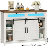 RALGEND White Farmhouse Storage Cabinet, Sideboard Buffet Cabinet with Storage, Kitchen Buffet Storage Cabinet with Power Outlet & LED Light, Coffee Bar Cabinet with Sliding Barn Doors & 2 Drawers RALGEND