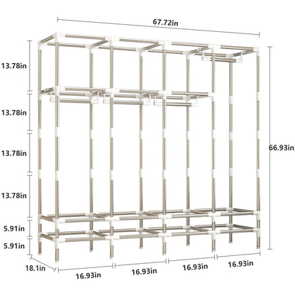 LEAIJIAFY Large Portable Armoire Wardrobe Closet with 4 Hanging Rods and Drawers,Gray Metal Storage Wardrobe Clothes Rack with Dust Cover for Hanging Clothes,67.7 in Width,Bedroom
