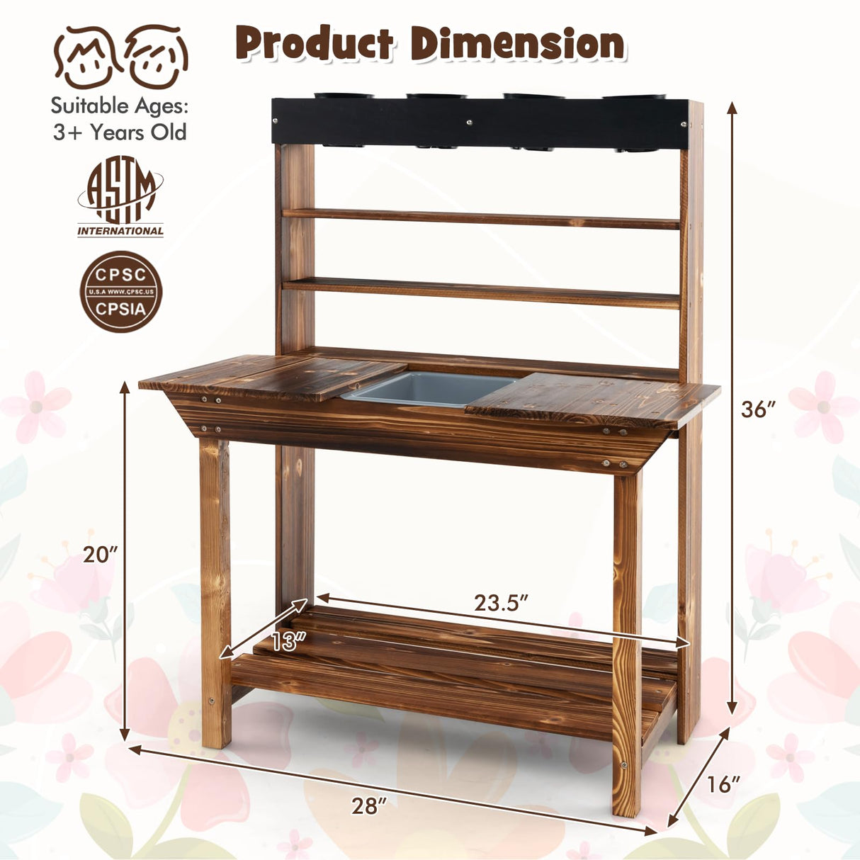 Costzon Kids Potting Bench, Wood Toy Gardening Center with 4 Pots, Chalkboard, Removable Sink, Storage Shelves, Mud Kitchen for Kids Outdoor Play Kitchen, Gift for Boys Girls 3+ Costzon