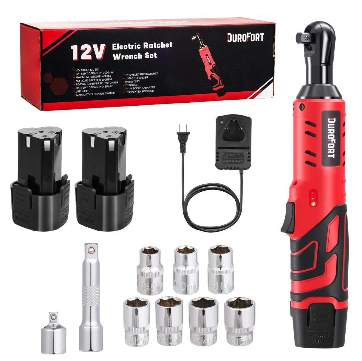 DuroFort Cordless Electric Ratchet, 12V Ratchet Wrench Tool Kit 40 FT.LBS, with LED Light, 500RPM Variable Speed Wrench, 2-Pack 2.0Ah Battery, 7 Sockets, 1/4" Socket Adapter, 3/8" Extension Rod DuroFort