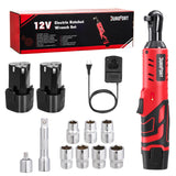 DuroFort Cordless Electric Ratchet, 12V Ratchet Wrench Tool Kit 40 FT.LBS, with LED Light, 500RPM Variable Speed Wrench, 2-Pack 2.0Ah Battery, 7 Sockets, 1/4" Socket Adapter, 3/8" Extension Rod DuroFort