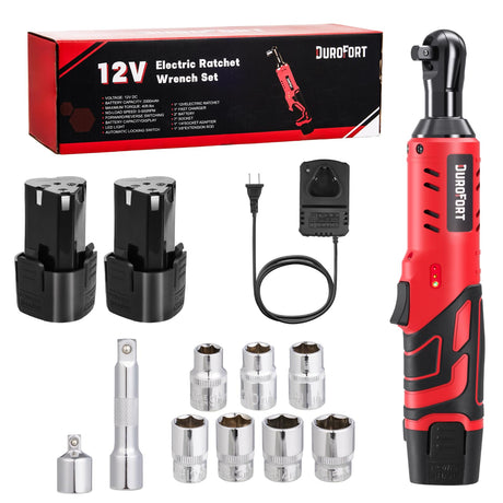 DuroFort Cordless Electric Ratchet, 12V Ratchet Wrench Tool Kit 40 FT.LBS, with LED Light, 500RPM Variable Speed Wrench, 2-Pack 2.0Ah Battery, 7 Sockets, 1/4" Socket Adapter, 3/8" Extension Rod DuroFort
