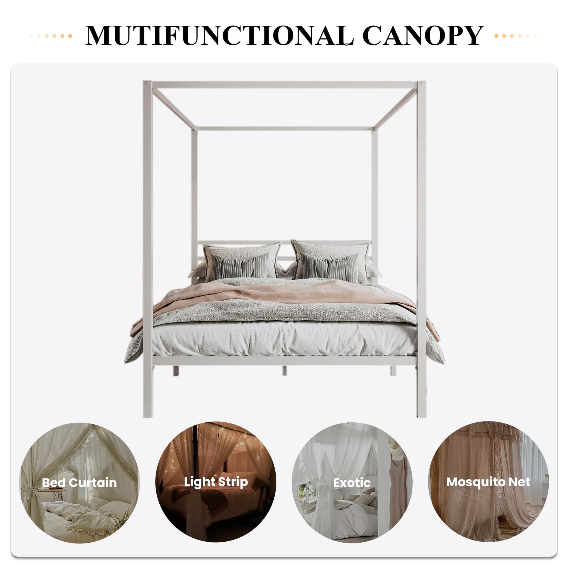 Queen Size Metal Canopy Bed Frame by SHA CERLIN - Sturdy, No Box Spring Needed, Easy Assembly, Customisable Design in White - WoodArtSupply