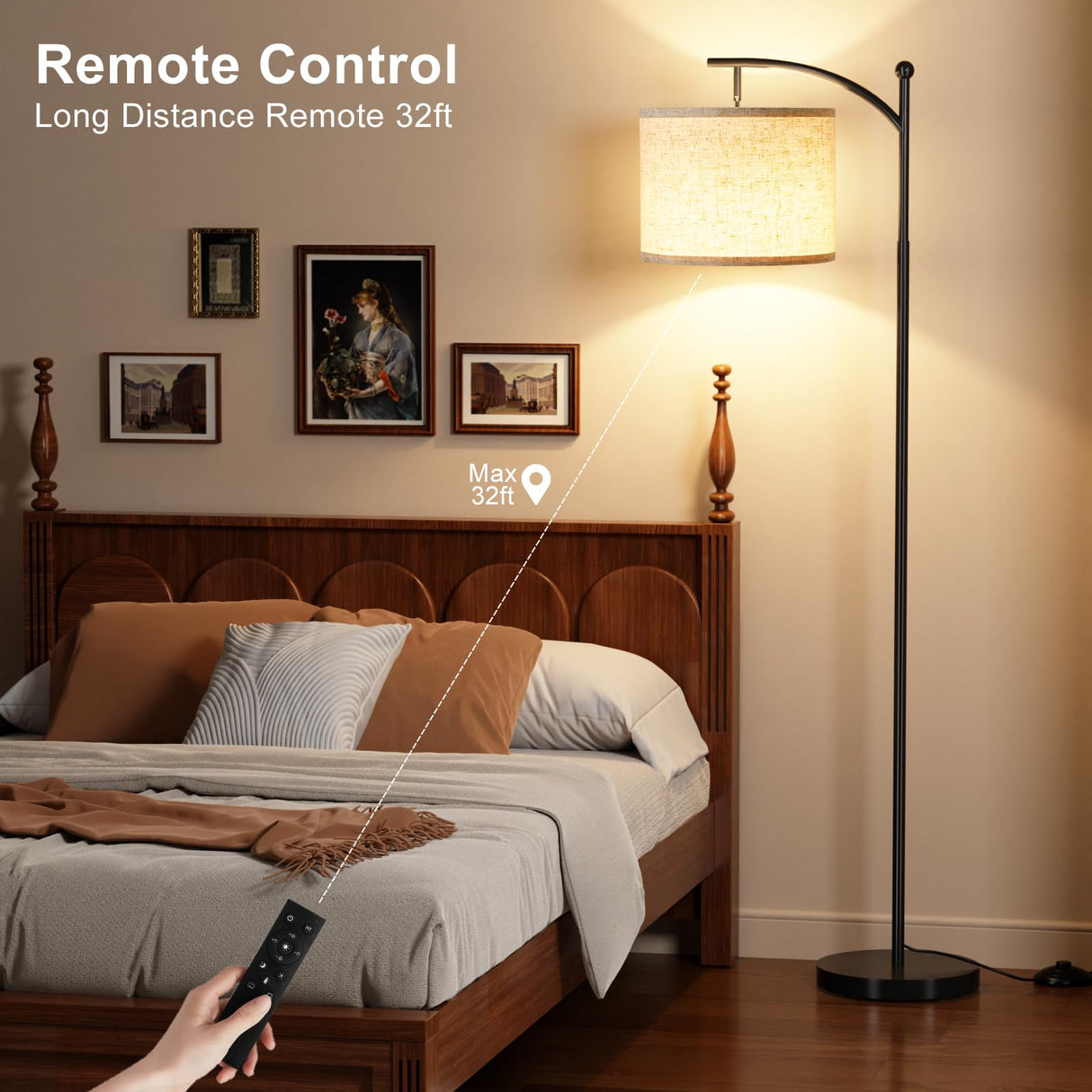 Ambimall 60" Floor Lamp with Remote Control and Stepless Dimmable Bulb, Colors Temperature & Brightness Adjustable, Modern Floor Lamps for Living Room（Beige Shade & Black Pole） Ambimall