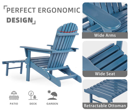 Wooden Outdoor Folding Adirondack Chair with Ottoman, Pre-Assembled BackRest & SeatBoard, Wood Patio Chair for Garden Backyard Porch Pool Deck Firepit