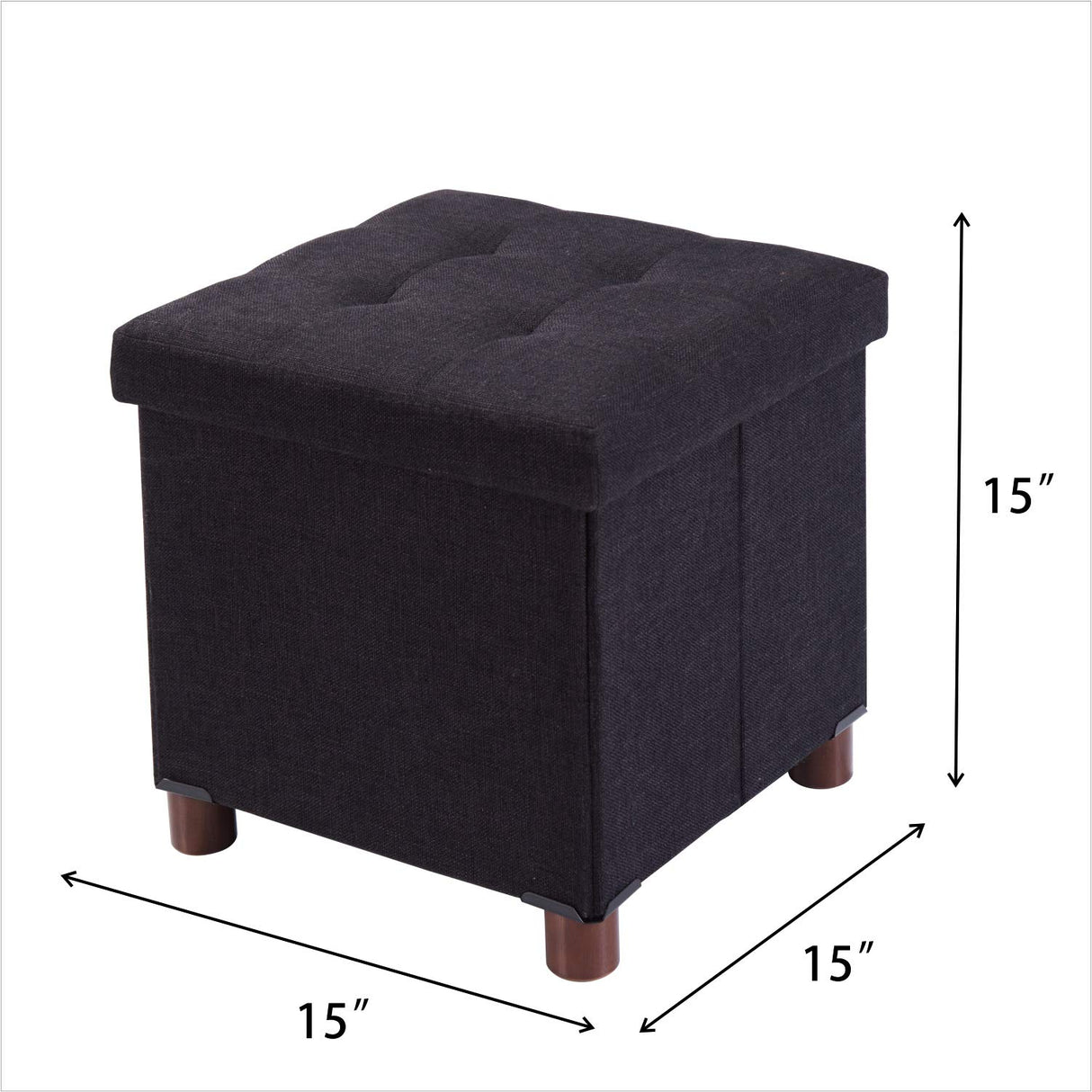 15 Inches Storage Ottoman with Wooden Legs Cube Foot Rest Stool, Square Footstool Storage, Ottoman with Storage for Living Room, Foldable Fabric Ottoman, Comfortable Seat with Lid, Space-Saving Black Ao Lei