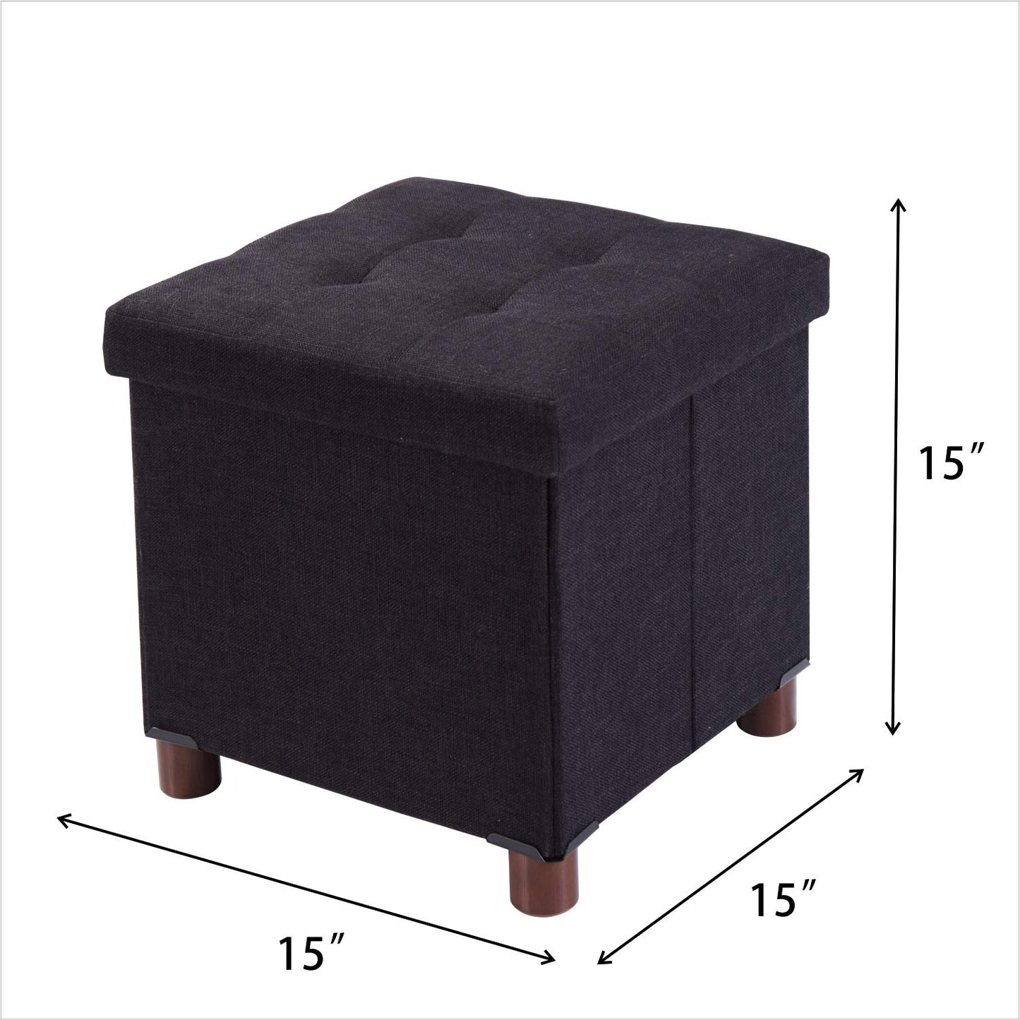 15 Inches Storage Ottoman with Wooden Legs Cube Foot Rest Stool, Square Footstool Storage, Ottoman with Storage for Living Room, Foldable Fabric Ottoman, Comfortable Seat with Lid, Space-Saving Black