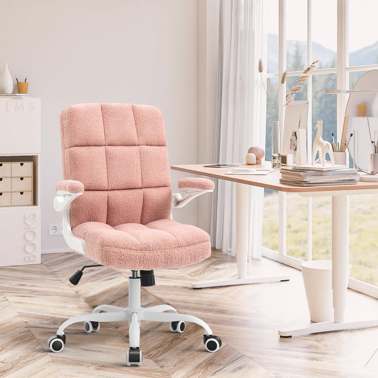 SEATZONE Home Office Chair Ergonomic Executive Desk Chair Comfortable Computer Chair with Flip-up Arms,Faux Fur Chair with Lumbar Support,Pink SEATZONE