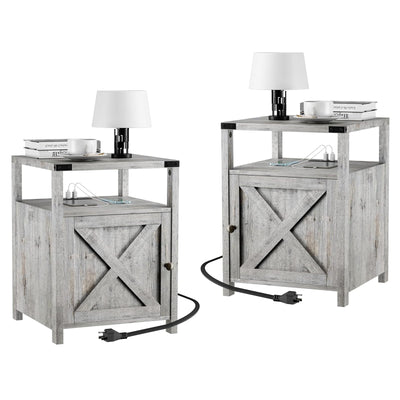 HOSEOKA Farmhouse Nightstand Set of 2 with Charging Station, Rustic End Table Bedroom with Storage Living Room Side Table Night Stand Industrial Bedside Bed Table with USB Ports and Outlets