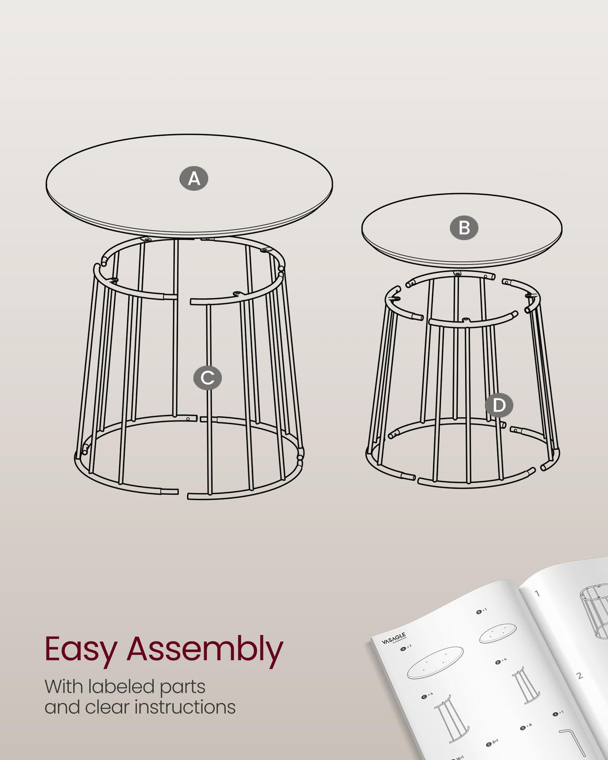 VASAGLE Round Coffee Tables, Set of 2, Modern Circle Side Tables with Steel Frame, for Living Room, Bedroom, Ebony Black ULCT045B56 VASAGLE