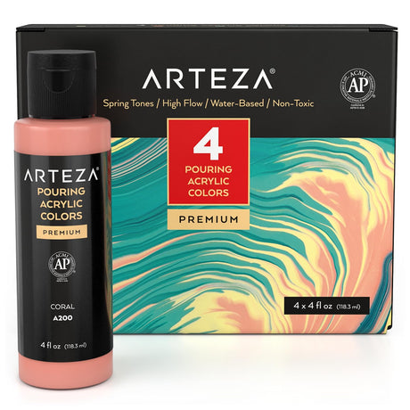 ARTEZA Acrylic Pouring Paint Set, 4 Spring Colors, 4 oz Bottles, High-Flow Paint, No Mixing Needed, Art Supplies for Canvas, Glass, Paper, Wood, Tile, and Stones, 16 Fl Oz (Pack of 1) ARTEZA