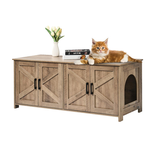 VEVOR Cat Litter Box Enclosure for 2 Cats, Litter Box Furniture Hidden with Double Rooms, Wooden Cat Box Cabinet Fit Most of Litter Box, 47.2" L x 18.5" W x 19.7" H, Greige