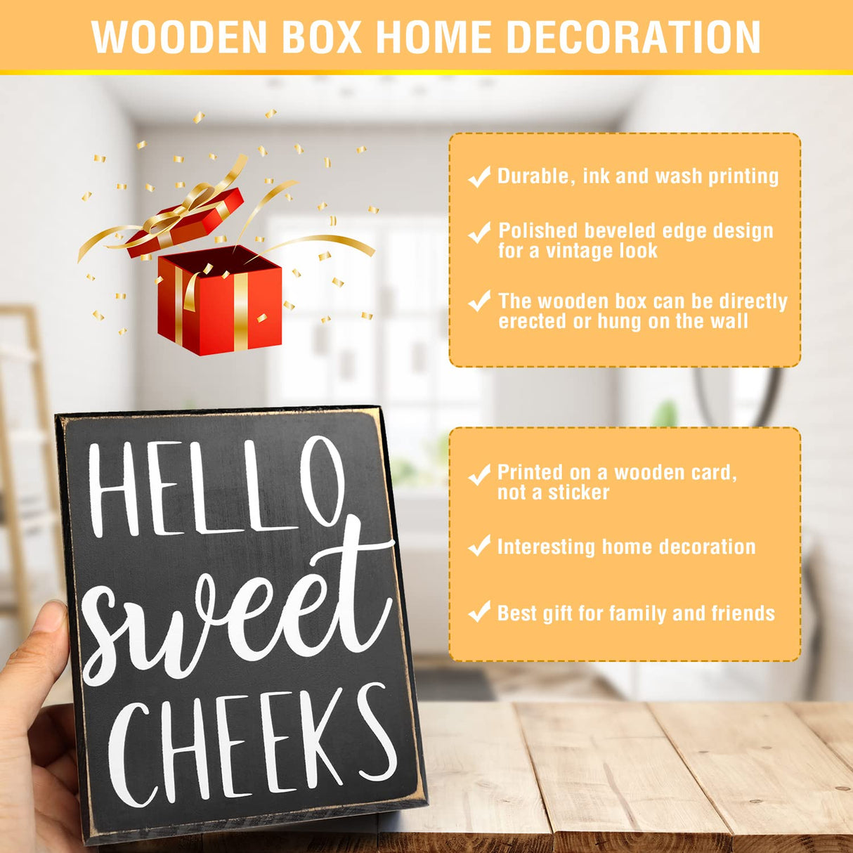 Pigort Hello Sweet Cheeks Sign - Bathroom Decor Modern Farmhouse Home Accent - Rustic Black Wood Shelf Plaque Box Sign for Women, Family, Friend 5X6X1.8 INCH Pigort