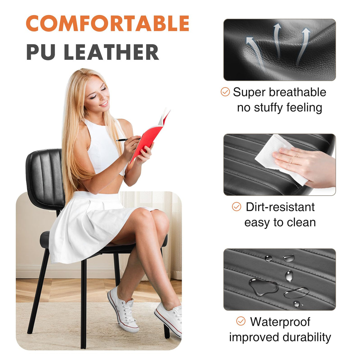 Sweetcrispy Dining Chairs Set of 4, Upholstered Mid Century Modern Kitchen Dining Room Accent Chairs with Faux Leather Cushion Seat & Metal Legs for Kitchen, Living Room - Black Sweetcrispy