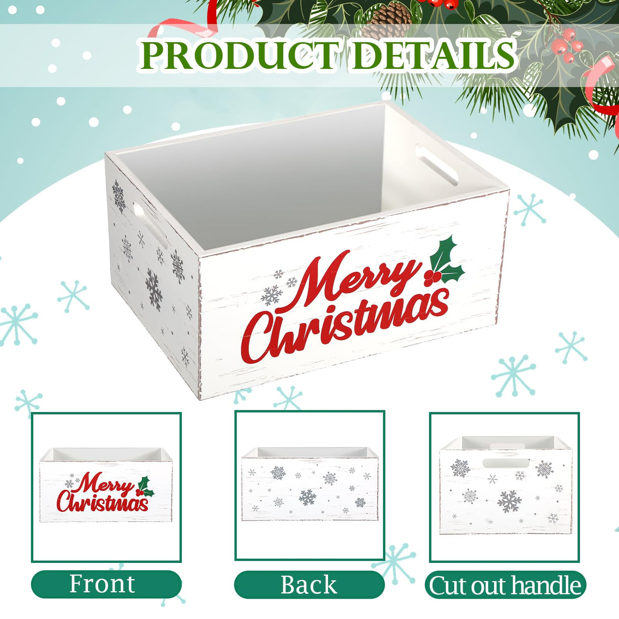 Namalu Christmas Hot Cocoa Bar Storage Box Wooden Crate with Handles Hot Cocoa Decorative Rustic Farmhouse Wood Basket Christmas Wood Storage Bins Organizer Bucket for Xmas Candy Dish Home(White) Namalu