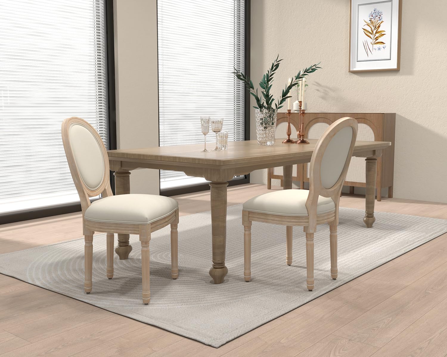 KCC French Dining Chairs Set of 2, Upholstered Vintage Farmhouse Chair with Round Backrest, Mid Century Fabric Chairs with Solid Rubberwood Legs for Dining Room Kitchen Restaurant, Beige - WoodArtSupply