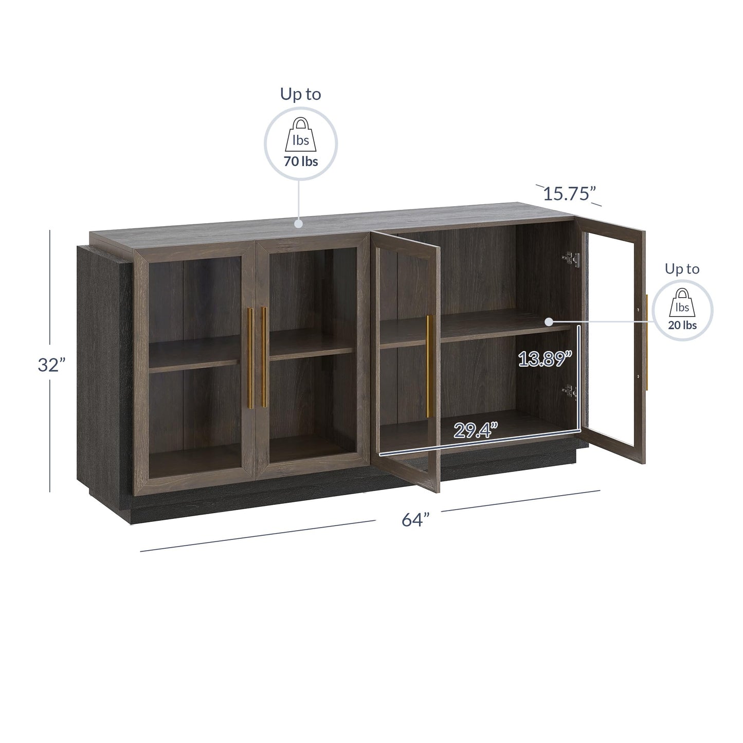 BELLEZE Sideboard Buffet Cabinet, Modern Wood Glass-Buffet-Sideboard with Storage, Console Table for Kitchen, Dining Room, Living Room, Hallway, or Entrance - Brixston (Brown) - WoodArtSupply