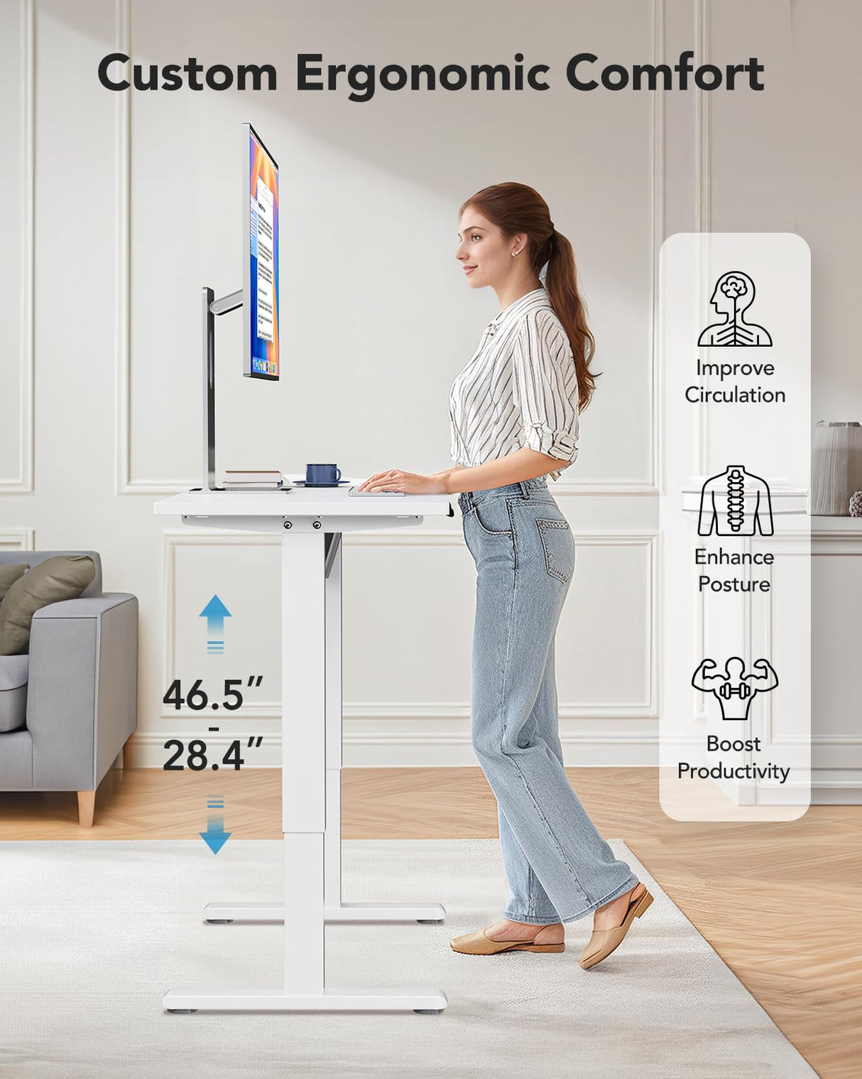HUANUO Electric Small Standing Desk, 35" x 24" Whole Piece Desktop, Adjustable Height Computer Desk, 4 Height Memory Settings, Sit Stand Up Desk for Home Office, White HUANUO