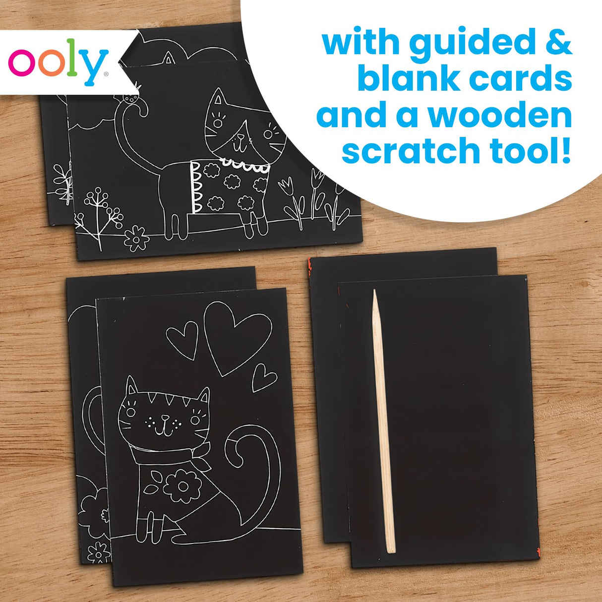 Ooly Mini Scratch & Scribble Art Kit - 6 Card Rainbow Scratch Art Set Summer Crafts for Kids, Travel-Friendly Craft Kit, Wooden Tool Included - Cutie Cats Ooly