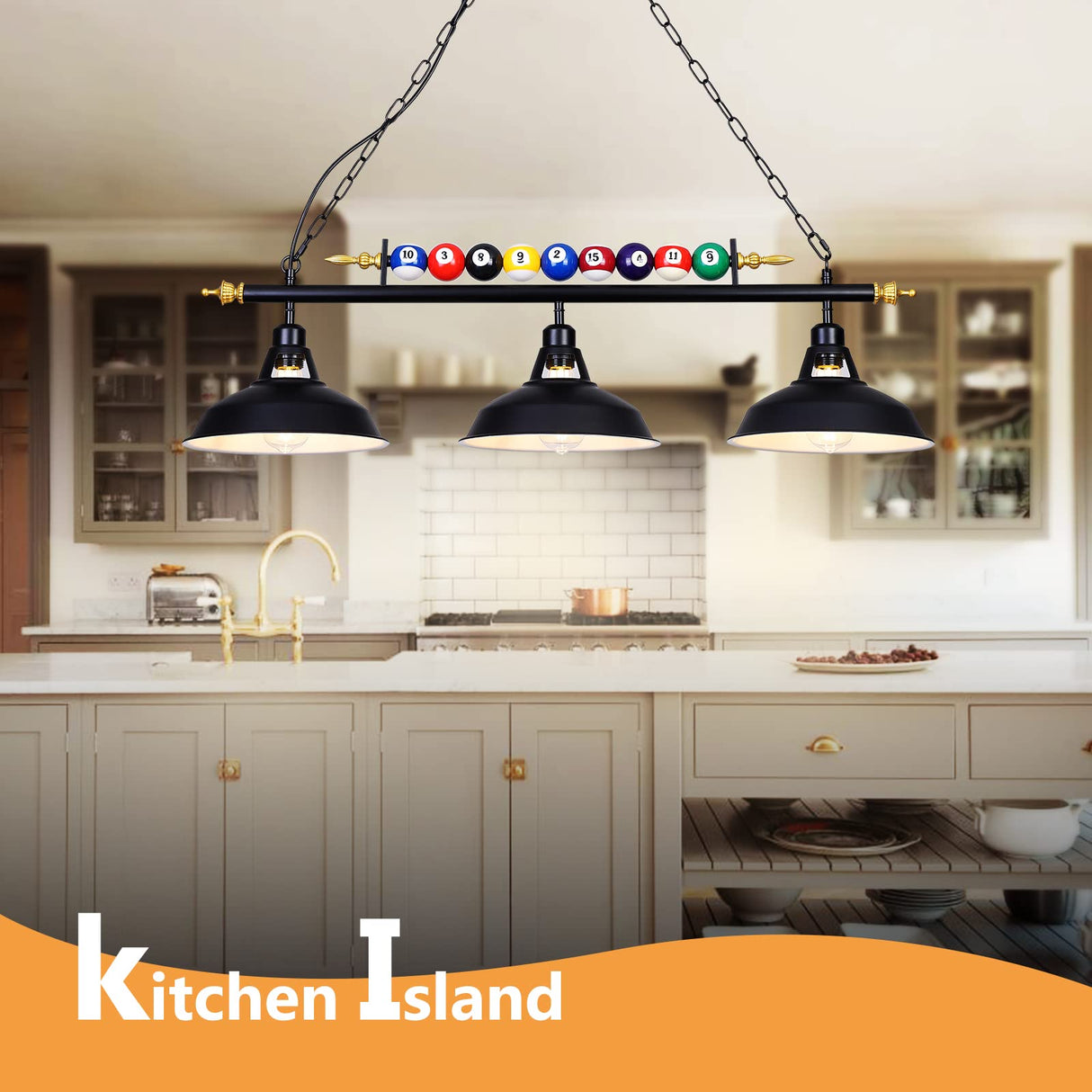 Mcacggo 3-Light Billiard Pool Table Lights Hanging Over Pool Table, Black Matte Metal Shades with Billiard Ball Decor, for Billiards Room, Snooker Table, Kitchen Island Mcacggo