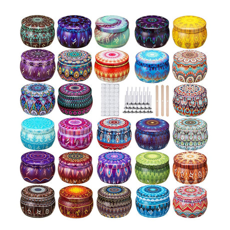 Arxinor Empty 2.5 oz Candle Tins Candle Jars 28 Pcs 28 Patterns, Candle Making Kits, with Wicks, Wick Holders & Stickers Arxinor