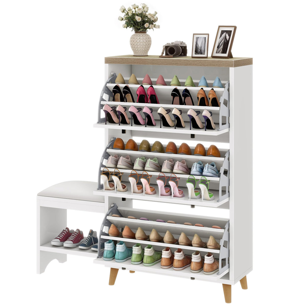 DWVO Shoe Cabinet with Bench for Entryway, Modern Shoe Storage Cabinet Shoe Bench, Narrow Hidden Shoe Organizer with 3 Flip Drawer, for Hallway, Closet, Living Room, White DWVO