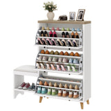 DWVO Shoe Cabinet with Bench for Entryway, Modern Shoe Storage Cabinet Shoe Bench, Narrow Hidden Shoe Organizer with 3 Flip Drawer, for Hallway, Closet, Living Room, White DWVO