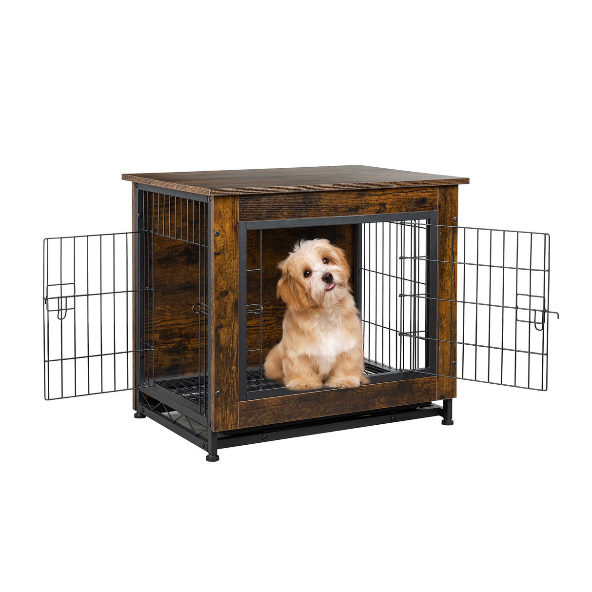 Shintenchi Dog Crate Furniture, Double-Doors Kennel Indoor with Removable Tray, End Table Dog House for Small Breed, 27.2" L, Brown Shintenchi