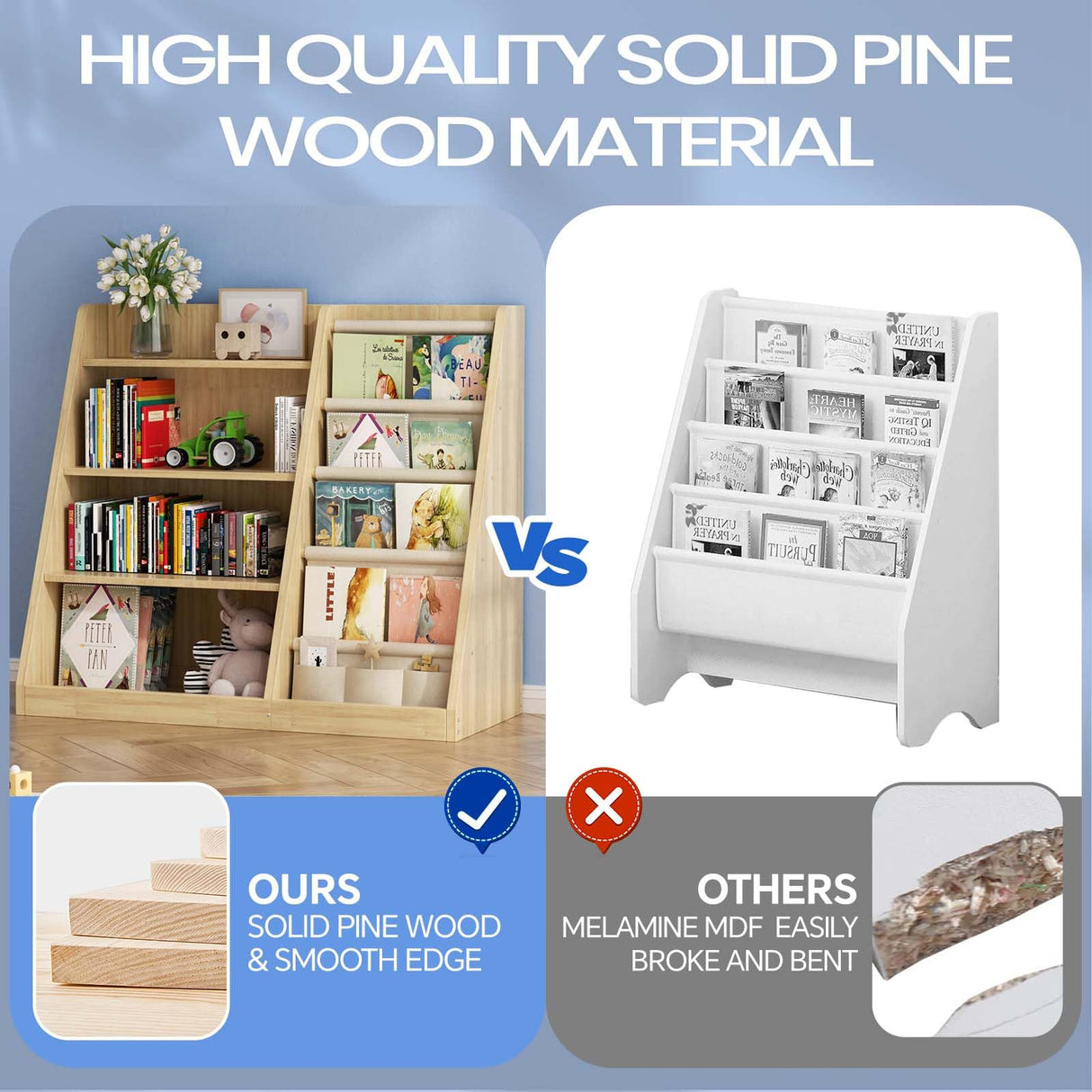 EXPERLAM Kids Bookshelf and Toy Storage Organizer, 4 Tier Wooden Kids Book Shelf with Sling Book Rack in Kids Room Playroom Nursery for Kids, Children, Toddlers EXPERLAM