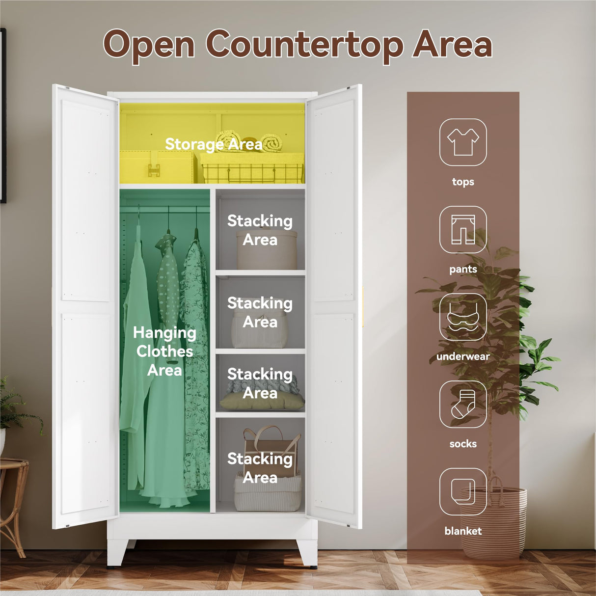 YAUWOH Farmhouse Wardrobe Cabinet,Metal Wardrobe Closet with Hanging Rod,Metal Armoire with Adjustable Shelves for Bedroom,Living Room, Cloak Room,Office (White) YAUWOH