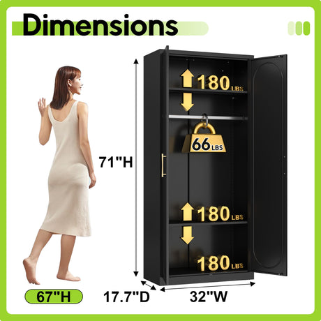UNICOLY Armoire Wardrobe Closet with Doors, 71'' Wardrobe Cabinet with Hanging Rod, Metal Closet with 2 Adjustable Shelves for Bedroom School, Employee, Gym, Armarios De Ropa para Dormitorio, Black UNICOLY