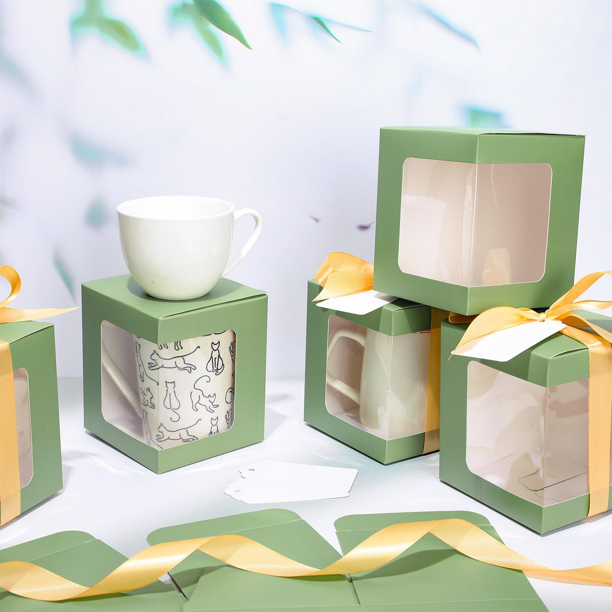 Whaline 24Pcs Sage Green Mug Gift Boxes with Tag Ribbon Sublimation Mug Boxes with Window Paper Gift Packaging Box for Blanks 11oz, 12oz, 15oz Mugs Whaline