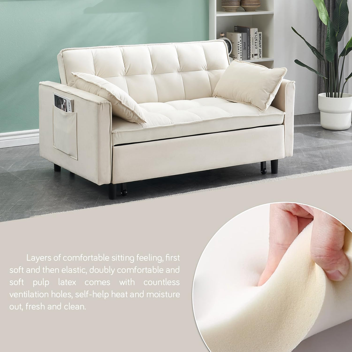 3 In 1 Velvet Convertible Sofa Bed, Pull Out Couch Bed with Reclining Backrest And 2 Pillows, 54" Full Size Loveseat Sleeper Sofa Futon Couch Bed, Couches For Small Spaces, Living Room (White) anwickjeff